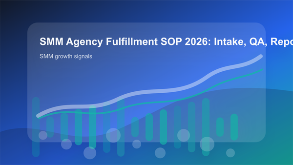 SMM Agency Fulfillment SOP 2026: Intake, QA, Reporting, and Marg cover showing smm growth signals, content workflow, and performance checks