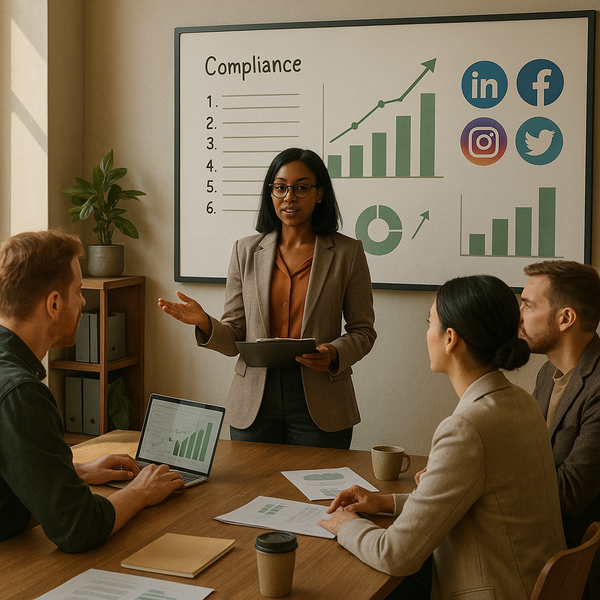 Team reviewing a social media compliance checklist for regulated industries in 2026