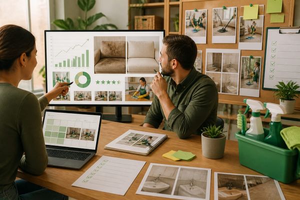 spazio di lavoro creativo con dashboard di metriche, checklist di pianificazione e board di campagne per pulizie