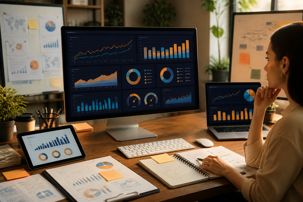 Social media marketing KPI dashboard showing CTR, impressions, conversion key events, and source mix forecast
