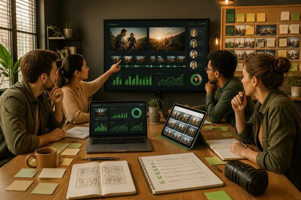 estrategia redes sociales episodios para creator workspace with metrics dashboard, planning checklist, and campaign board
