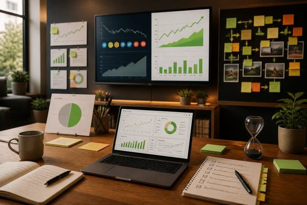 mensajeria redes comparar flujo reportes creator workspace with metrics dashboard, planning checklist, and campaign board