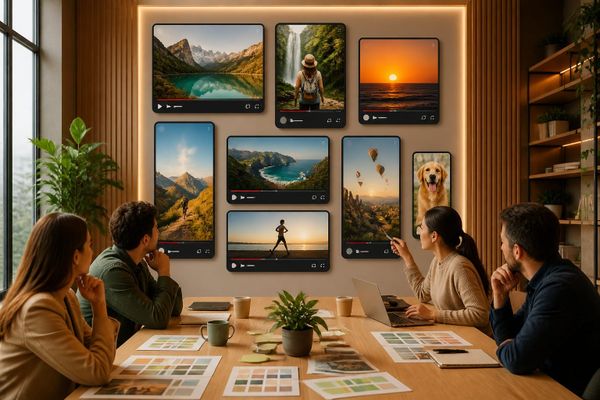 Rejilla de reproductores de video en redes sociales mostrando diferentes relaciones de aspecto y tamaños