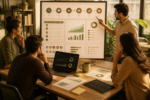 selling workflow compare reporting kpis AI search briefing workspace with query map, ads dashboard, and source checklist