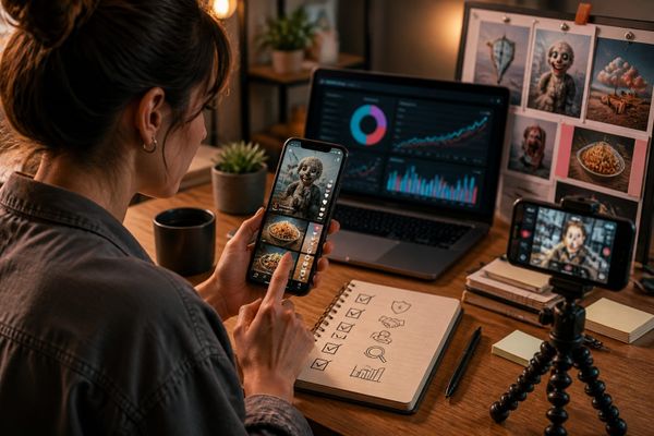 Creator reviewing TikTok recommendations on a smartphone, checking AI-generated content signals