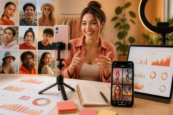 influencers instagram tiktok lecciones para creator phone desk with Reels planning calendar and metrics dashboard