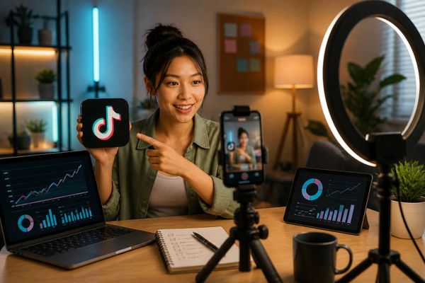 Creator filming short-form TikTok video with studio lights and smartphone