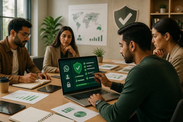 Team protecting brand WhatsApp username using checklist on laptop