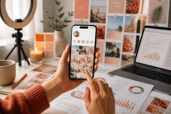 estrategia crecimiento instagram guia practica creator phone desk with Reels planning calendar and metrics dashboard