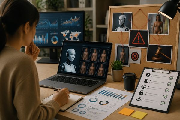 Illustration of a creator reviewing deepfake safety checklist on a laptop