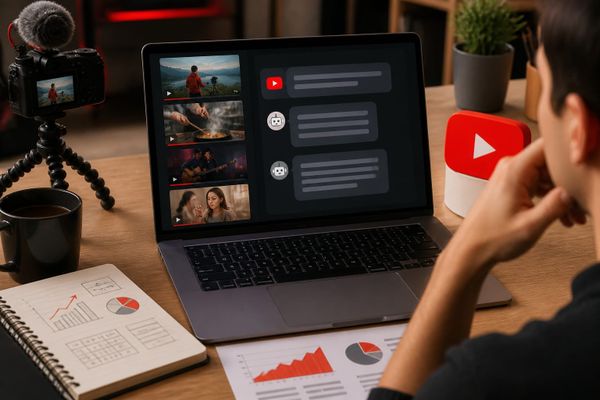 estrategia crecimiento youtube impacto citas video planning desk with performance dashboard and creator workflow board