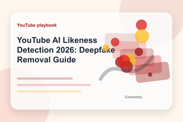 YouTube creator dashboard concept showing AI likeness detection, deepfake review and identity protection workflow.