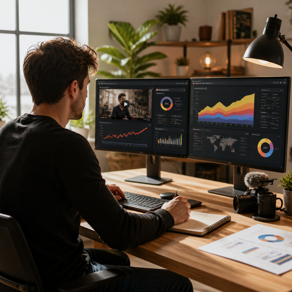 Creator optimizing a Google Search Profile on desktop with analytics and checklist visible