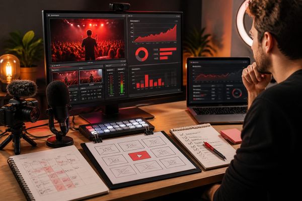 youtube live guida pratica strategia video planning desk with performance dashboard and creator workflow board
