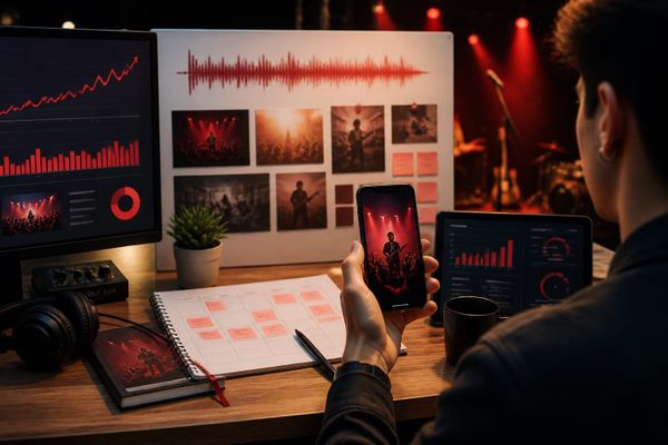 closer stage youtube music nights creator phone workspace with audio waveform board and posting calendar