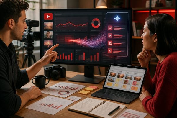 youtube gemini insights comparar flujos AI search briefing workspace with query map, ads dashboard, and source checklist