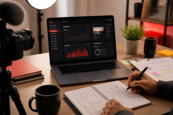 YouTube Studio analytics and dashboard update on a laptop screen