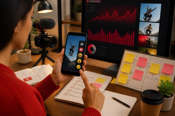 actualizaciones youtube shorts reacciones crecimiento video planning desk with performance dashboard and creator workflow board