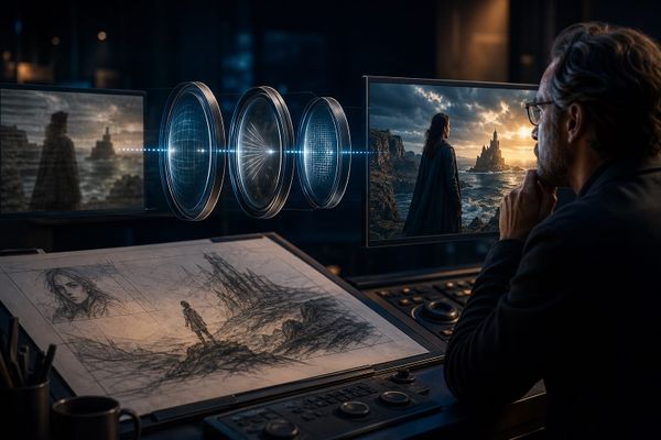Yapay zekâ videosunun çözünürlük merdiveninden çıkarken insan kalite ve hak kontrolünden geçtiğini gösteren editoryal illüstrasyon
