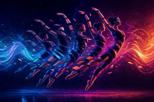 Ilustração de uma coreografia gerada por IA a partir de blocos de movimento sincronizados com ondas musicais