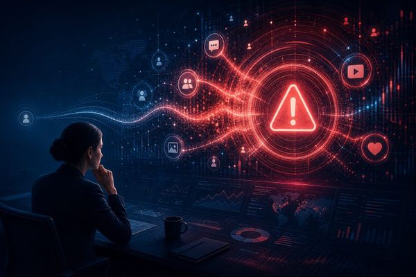 A faint social media signal becoming an urgent brand crisis alert while a human strategist reviews the evidence