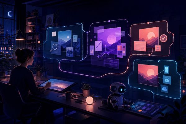 Un estudio creativo de inteligencia artificial trabaja de noche mientras un mapa humano separa tareas automáticas y aprobaciones