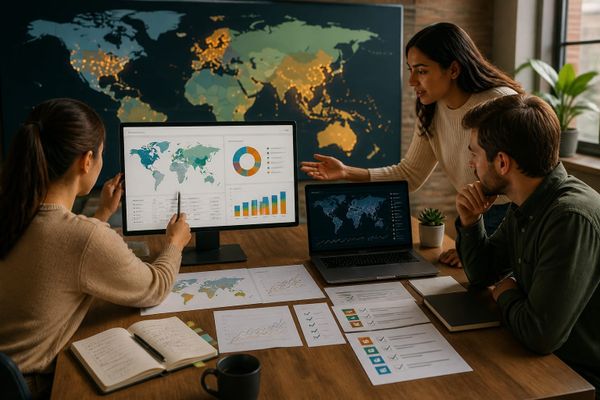 Multilingual AI visibility workspace with ChatGPT query map, source checklist, and global audience dashboard