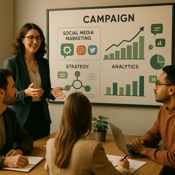 Interfaccia di un chatbot AI su uno schermo con icone di social media sullo sfondo, che rappresenta il ruolo di ChatGPT nel social media marketing.