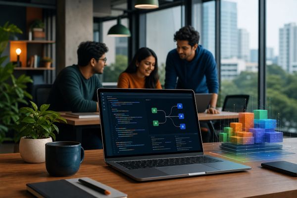 Laptop dashboard showing Cursor Start India at ₹649, UPI payment, cloud agents and a measured small-team AI automation checklist