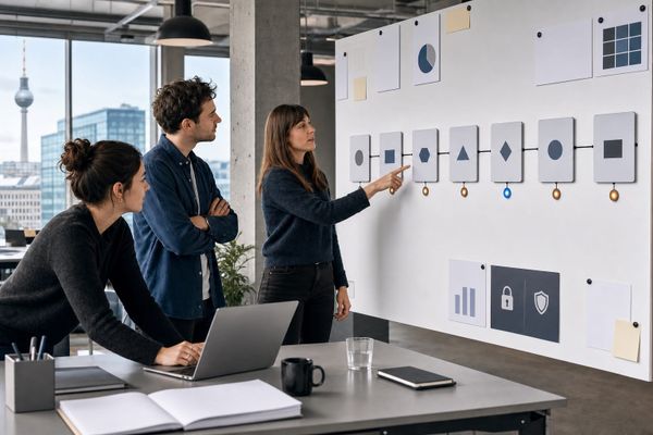Deutsches Startup-Team plant einen KI-Agenten-Pilot auf einem Workflow-Board mit sieben Schritten, Freigaben, Datenkontrollen und Marketingmetriken