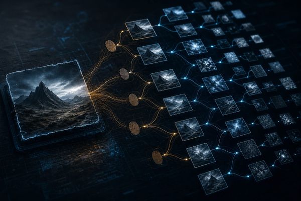 Forensische Visualisierung eines KI-Bildes, dessen Spuren zu verschiedenen Generatormodellen zurückführen