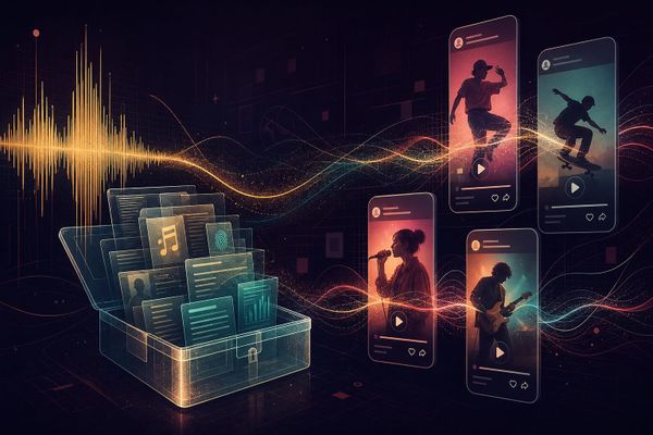 Una pista de ElevenLabs Music acompañada por un expediente visible de derechos y procedencia de campaña
