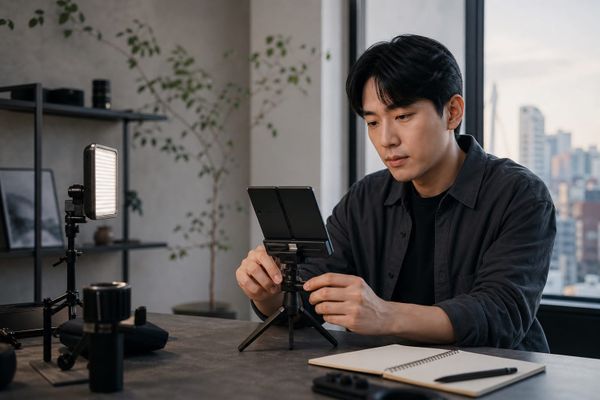 Samsung Galaxy Z Fold8 Creator workflow를 점검하는 서울 studio의 한국 creator와 브랜드 없는 foldable phone, camera, light