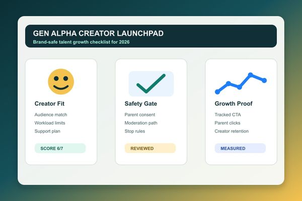 Gen Alpha creator launchpad 2026 dashboard with parent approval checklist creator roster map safety controls and social growth scorecard