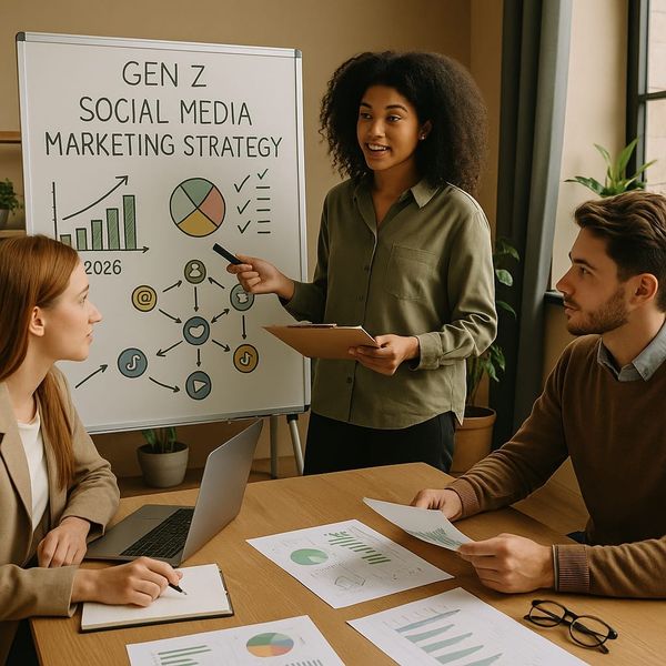 A diverse group of Gen Z individuals interacting with social media on their phones, with digital overlays representing various platforms.