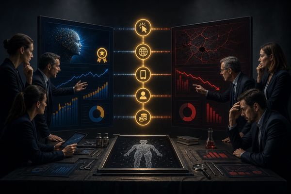 Zwei widersprüchliche Demand-Gen-Dashboards über einem Metrik-Ledger von Gemini-Empfehlung bis Umsatz