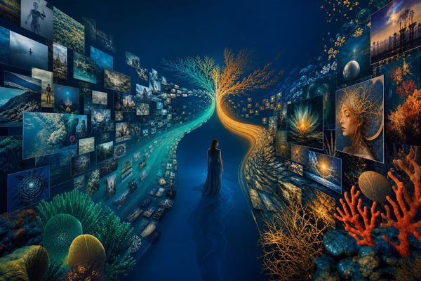 Eine vielfältige visuelle Galerie verzweigt zwischen Webentdeckung und neu generierten KI-Bildern mit klarer Markenherkunft