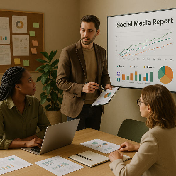 A person analyzing a digital social media report dashboard on a tablet, showing graphs and metrics for 2026 performance.