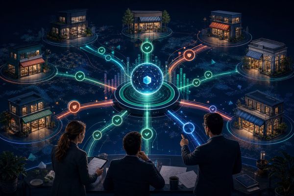Rede de unidades locais recebendo campanhas de IA por uma camada central de governança de marca