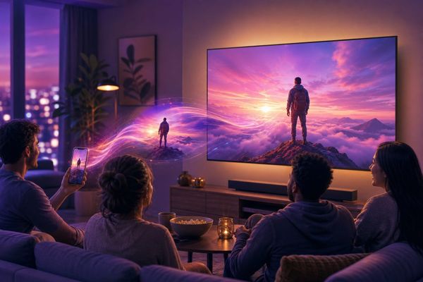 Un Reel pasa de un teléfono a un televisor mientras varias personas lo descubren juntas en el salón