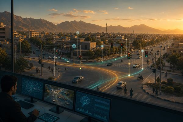 Quetta intersection dashboard with AI traffic signals, traffic-flow charts and a Pakistan smart-city rollout checklist for public review