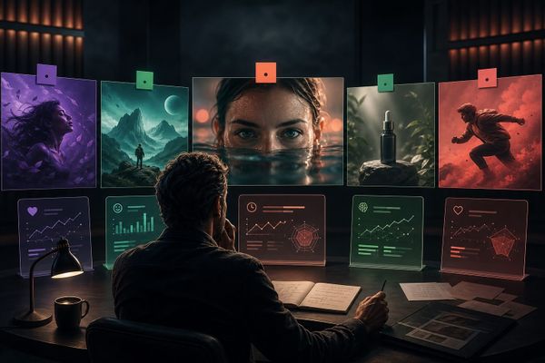 A human creative evaluator comparing AI-generated ads and campaign evidence from Runway Agent