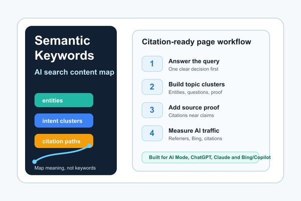 Diagram of semantic keyword clusters, schema blocks, and AI search signal flows for social growth landing pages
