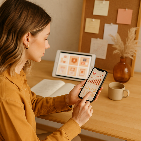 Una persona analizza dati di Instagram su un tablet con grafici e diagrammi, simboleggiando una strategia di crescita Instagram efficace.