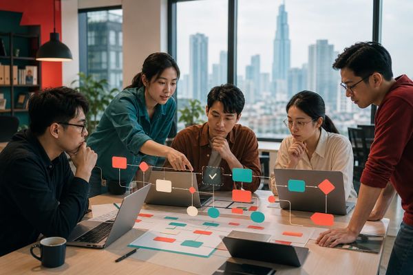 Vietnam AI Agent tech jobs workflow board showing 18 percent project share, OpenAI model cards, approval gates and team metrics