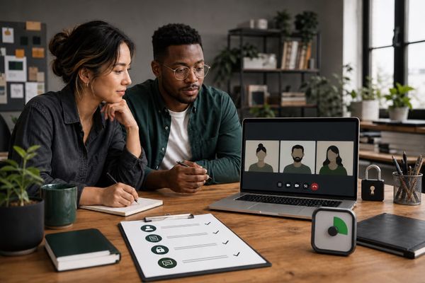 WhatsApp Web client-call workflow on a laptop screen with a 15-minute checklist, secure join approval, and small-team planning notes
