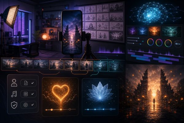 Studio kreator Indonesia dengan storyboard 30 detik, tujuh kartu produksi, empat meter penilaian, kamera virtual, dan timeline video AI