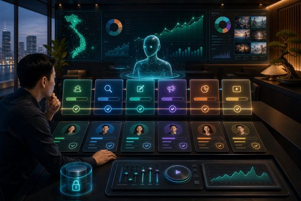 Dashboard workflow AI Agent cho team marketing Việt với sáu thẻ quyền hạn, luồng duyệt nội dung, dữ liệu nguồn và nút dừng khẩn cấp