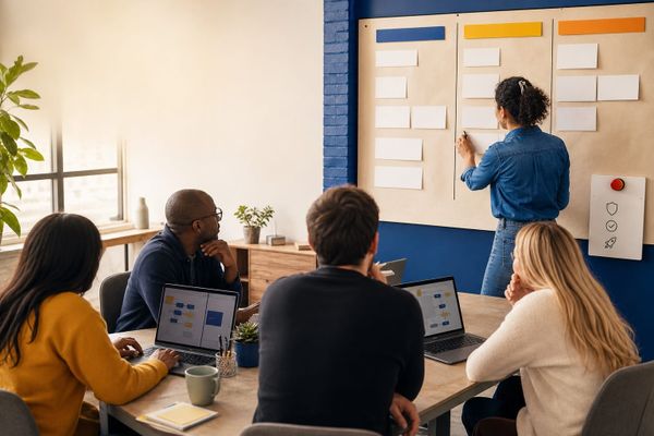 AI builders marketing team workspace with coaching board, sprint checklist and automation prototypes