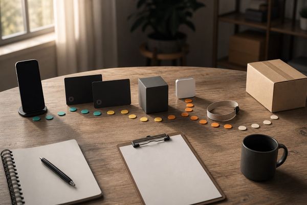 Unbranded creator-to-checkout measurement desk with blank video cards, a neutral product path, and physical analytics markers